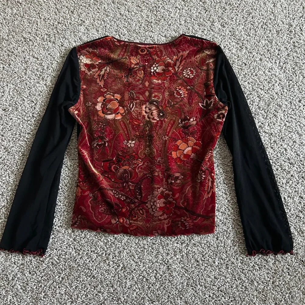 Worthington Womens Y2K Medium Floral Velvet & Black Long Sleeve V-Neck Top - Picture 3 of 11